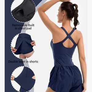 Women’s training jumpsuit with padded bras, sleeveless, one piece suit, shorts.